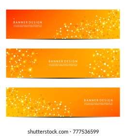 Set of abstract banner design, dna molecule structure background. Geometric graphics and connected lines with dots. Scientific and technological concept, vector illustration
