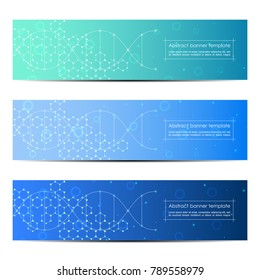 Set of abstract banner design, dna molecule structure background. Geometric graphics and connected lines with dots. Scientific and technological concept, vector illustration