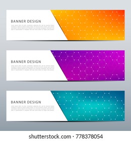 Set of abstract banner design, with futuristic hexagonal background. Geometric polygonal graphics. Scientific and technological concept, vector illustration