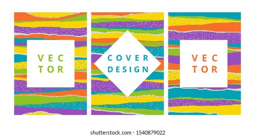 Set of abstract banner on striped texture with cut rainbow stripes and confetti. Modern design template for poster flyer, kid flyer and branding design. Vector illustration