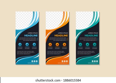 Set of abstract banner template design with headline use blue, green and orange colors on element. vertical layout with black background. quarter circle space for photo collage. wavy style