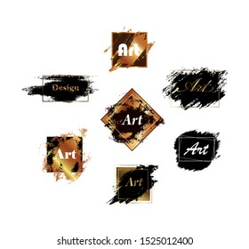 Set of abstract banners. Brush stroke, frame and place for text. Black and gold isolated illustration on white. EPS 10 vector.