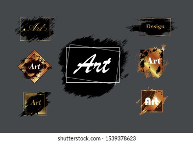 Set of abstract banners from brush stroke, frames and place for text. Black and gold vector isolated illustration on gray.