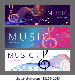 Set of abstract banners with colored music key and notes. Banner template for music festive and party.