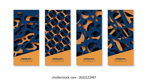 Set of abstract banners with cut out triangles, circles and hexagon in paper cut style. Collection of layered 3d papercut backrounds. Vector card illustration in dark blue and orange shapes.