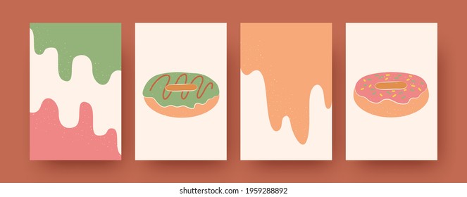 Set of abstract banners with donut shapes in pastel colors. Creative minimal design with doughnuts. Sweet food and confectionery concept for social media, postcards, invitation cards