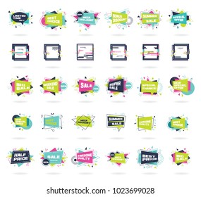 Set of abstract banners in flat and digital glitch style. Vector discount, promotion trendy background