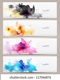 Set of abstract  banners with flowers colorful elements and blots. Vector design