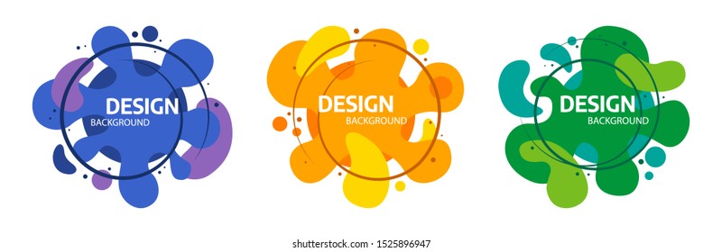 	
Set of abstract banners with flowing liquid shapes. Flat geometric shapes of different colors in memphis design style.