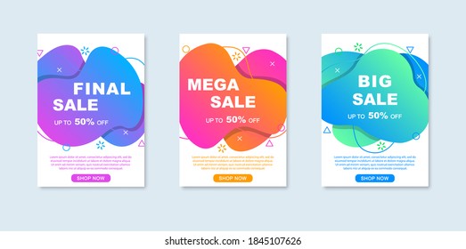 Set of abstract banners for mega sale. Liquid banners. Dynamical elements in memphis style. Template for flyer, poster, brochure, presentation and background. Web template.