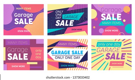 Set of Abstract Banners for Social Media Marketing or Print Design. Garage Sale Offer for Discounter Shop, Shopping Posters in Modern Geometric Style with Colorful Shapes and Lines Vector Illustration