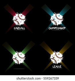 Set abstract baseball ball of ink blots in lighting. Vector illustration