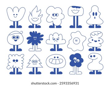 Set of abstract and basic characters with different expressions, emotions. Blue line vector doodle elements. Cartoon drawings.