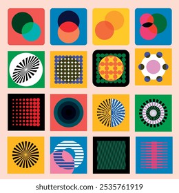 Set of abstract bauhaus art design with geometrical shapes in a square, template, vector
