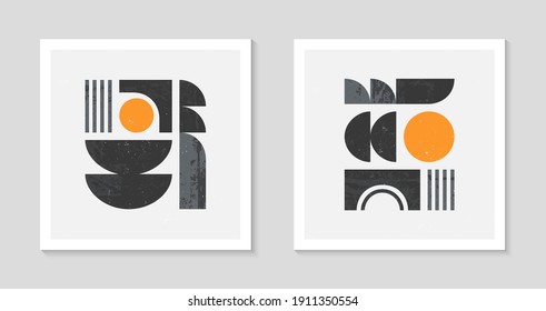 Set of abstract bauhaus geometric pattern backgrounds.Trendy minimalist geometric design with simple shapes and elements.Mid century modern artistic vector illustration.Futuristic wall art decor.