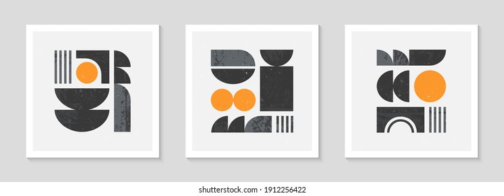 Set of abstract bauhaus geometric pattern backgrounds.Trendy minimalist geometric design with simple shapes and elements.Mid century modern artistic vector illustration.Futuristic wall art decor.