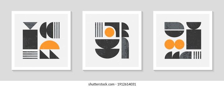 Set of abstract bauhaus geometric pattern backgrounds.Trendy minimalist geometric design with simple shapes and elements.Mid century modern artistic vector illustration.Futuristic wall art decor.