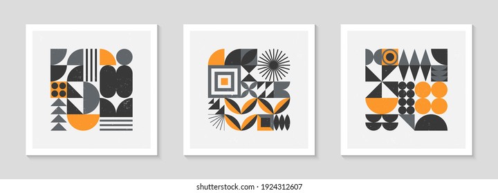 Set of abstract bauhaus geometric pattern backgrounds.Trendy minimalist geometric design with simple shapes and elements.Mid century modern artistic vector illustrations.Scandinavian ornament.