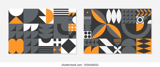 Set of abstract bauhaus geometric pattern banners.Trendy minimalist geometric design with simple shapes and elements.Mid century modern artistic vector illustrations.Scandinavian ornaments.