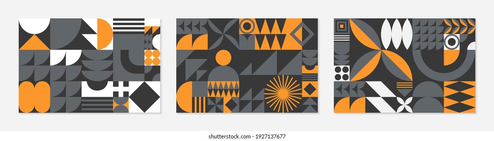 Set of abstract bauhaus geometric pattern banners.Trendy minimalist geometric design with simple shapes and elements.Mid century modern artistic vector illustrations.Scandinavian ornaments.