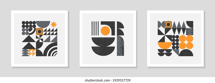Set of abstract bauhaus geometric pattern backgrounds.Trendy minimalist geometric design with simple shapes and elements.Mid century modern artistic vector illustrations.Scandinavian ornament.