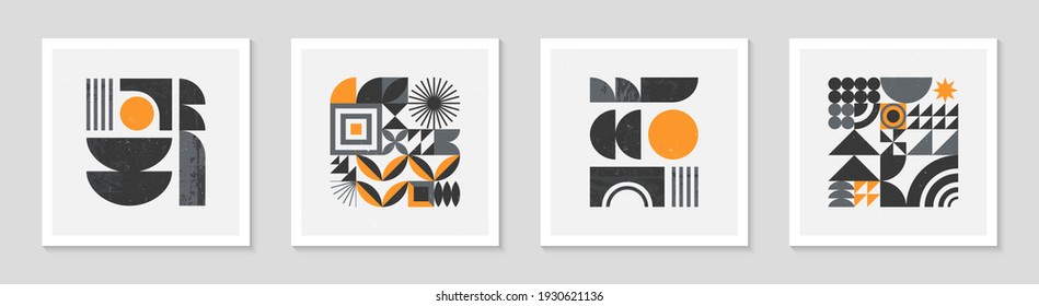 Set Of Abstract Bauhaus Geometric Pattern Backgrounds.Trendy Minimalist Geometric Design With Simple Shapes And Elements.Mid Century Modern Artistic Vector Illustrations.Scandinavian Ornament.