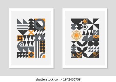 Conjunto de patrones abstractos de patrones geométricos en bauhaus.Diseño geométrico minimalista moderno con formas y elementos simples.Ilustraciones vectoriales artísticas modernas de mediados de siglo.Ornamento escandinavo.