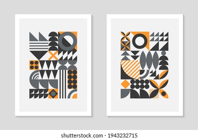 Set of abstract bauhaus geometric pattern backgrounds.Trendy minimalist geometric design with simple shapes and elements.Mid century modern artistic vector illustrations.Scandinavian ornament.