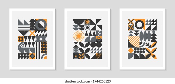 Set of abstract bauhaus geometric pattern backgrounds.Trendy minimalist geometric design with simple shapes and elements.Mid century modern artistic vector illustration.Futuristic wall art decor.