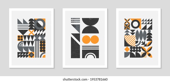 Set of abstract bauhaus geometric pattern backgrounds.Trendy minimalist geometric design with simple shapes and elements.Mid century modern artistic vector illustrations.Scandinavian ornament.