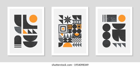 Set of abstract bauhaus geometric pattern backgrounds.Trendy minimalist geometric design with simple shapes and elements.Mid century modern artistic vector illustrations.Scandinavian ornament.