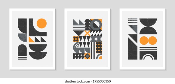 Set of abstract bauhaus geometric pattern backgrounds.Trendy minimalist geometric design with simple shapes and elements.Mid century modern artistic vector illustrations.Scandinavian ornament.