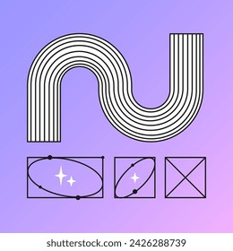 Satz von abstrakten Bauhaus-Formen. Vektor-Umriss-Illustration im Retrowave-Cyberpunk-Konzept auf Gradientenhintergrund