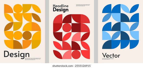 Set of abstract Bauhaus style poster. Geometry elements with white backdrop. Vector illustration. Design for background, wallpaper, banner, pattern template.  