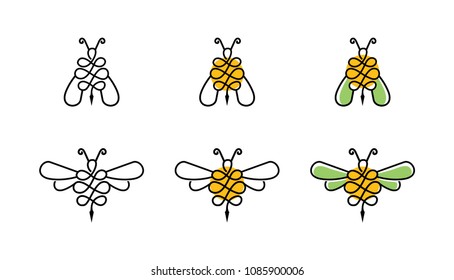 Set of Abstract Bees Logo Line Art Design Minimalist Creative Logo Template Lineat Style Vector