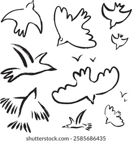 set of abstract bird doodles isolated on white background. hand drawn wildlife illustrations