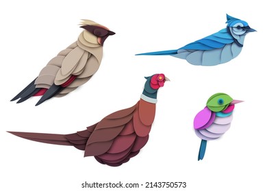 Set of abstract birds isolated on white background. Blue jay, pheasant, cuban tody, waxwing. Creative 3d concept in cartoon craft paper cut style. Colorful minimal character. Vector illustration.