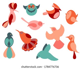 Set abstrakter Vögel. Vektorgrafik verschiedener Vogelarten wie Specker für Grußkarten und anderes Design. 
