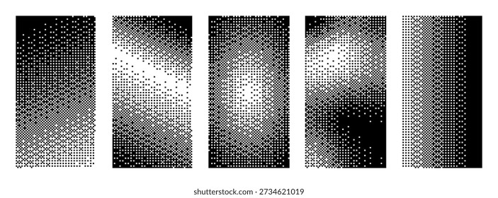 Set of abstract bitmap backgrounds with halftone dot patterns and retro pixel texture, ideal for posters, banners, flyers,covers, website design, digital art,modern visual branding.Vector illustration