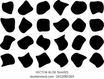 Set of abstract black blob wavy shapes in various irregular flat style forms for background, poster or web sale design template. Vector illustration fluid smooth textures dynamic silhouettes.