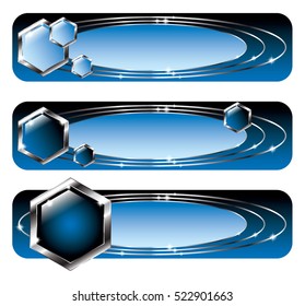 Set of abstract black and blue geometric banners with silver elements, with space for your text. Vector illustration, on transparent background