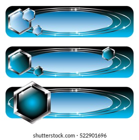 Set of abstract black and blue geometric banners with silver elements, with space for your text. Vector illustration, on transparent background