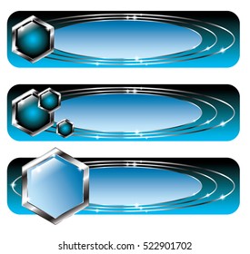 Set of abstract black and blue geometric banners with silver elements, with space for your text. Vector illustration, on transparent background