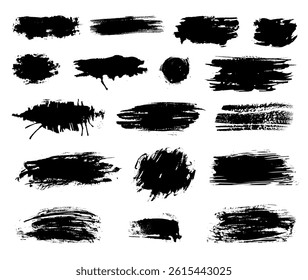 set of abstract black brushstrokes, blots, lines, splatters, and smudges, graphic design elements 