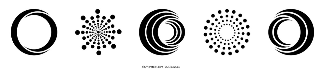 Set of abstract black circles. Dotted halftone round. Abstract geometric ring and spiral. Creative graphic shape.