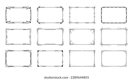 Set Abstract Black Collection Simple Line Rectangular Frame Doodle Outline Element Vector Design Style Sketch Isolated Illustration For Wedding And Banner