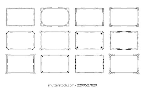 Set Abstract Black Collection Simple Line Rectangular Frame Doodle Outline Element Vector Design Style Sketch Isolated Illustration For Wedding And Banner