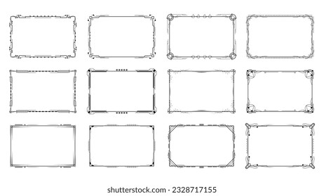 Set Abstract Black Collection Simple Line Rectangular Frame Doodle Outline Element Vector Design Style Sketch Isolated Illustration For Wedding And Banner