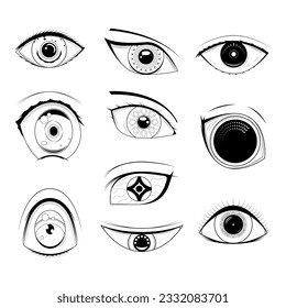 Set Abstract Black Collection Simple Line People Human Eye Doodle Outline Element Vector Design Style Sketch Isolated On White Background Illustration