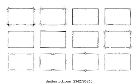 Set Abstract Black Collection Simple Line Rectangular Frame Doodle Outline Element Vector Design Style Sketch Isolated Illustration For Wedding And Banner